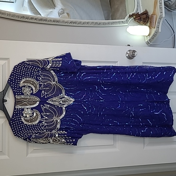 Vintage Western Bib Pearl Fringe & Silver Sequin Moon Silk Shift Dress XL - Picture 12 of 16